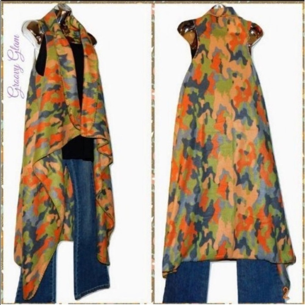 GROOVY GLAM Handmade Orange Camo Long Waterfall Vest